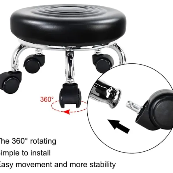 Pallar>Rullpall Läder Låg Rund Rullande Pall med Hjul Hemmakontor Garage Verkstad Fitness Sport, 24cm (Svart)