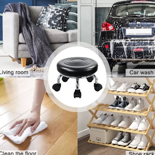 Pallar>Rullpall Läder Låg Rund Rullande Pall med Hjul Hemmakontor Garage Verkstad Fitness Sport, 24cm (Svart)