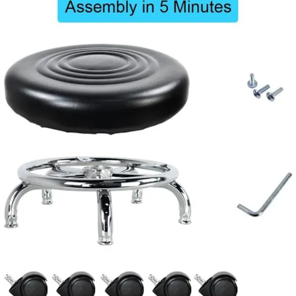 Pallar>Rullpall Läder Låg Rund Rullande Pall med Hjul Hemmakontor Garage Verkstad Fitness Sport, 24cm (Svart)