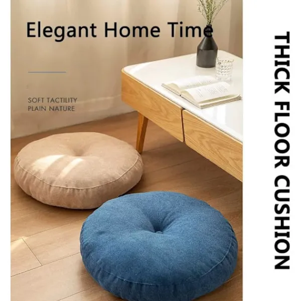 Sittpuffar>Rund golvkudde 42 cm, sittdyna klädd i 100% bomull, extra tjock fast sittdyna för vuxenstol/fåtölj/trädgårdsstol, blå, A
