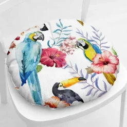 Sittpuffar>Rund Sittdyna i Linne, Quiltad Sittdyna Blomma & Fågel Serie Golv Tatami Bekväm Vadderad Soffa Matsalsstolar Dynor Blue Parrot