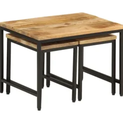 vidaXL Småbord>Satsbord 3 st massivt massivt grovt mangoträ och järn