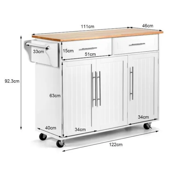 Sideboards>Serveringsvagn/Köksvagn på hjul 122x46x92,3CM i trä med justerbar hylla Handdukshållare Knivhållare Vit