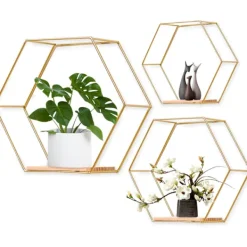 Hyllor>Set med 3 hexagonformade vägghyllor, hängande hyllor, flytande hyllor i metall och trä, väggförvaringsorganisatör för kökshylla