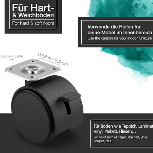 Stolar>Set med 4 möbelhjul 40 mm - Transporthjul med broms upp till 25 kg per hjul - Snurrhjul för inomhusmöbler