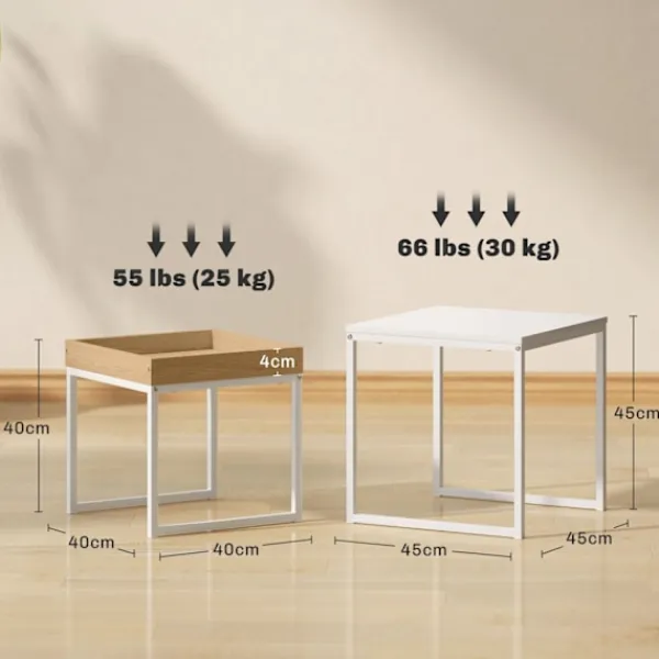 Northio Soffbord>Set med 2 soffbord, fyrkantiga sidobord, soffbord med stålstomme, soffbord i modern design, för vardagsrum, bärförmåga upp till 30 kg, vit + ek