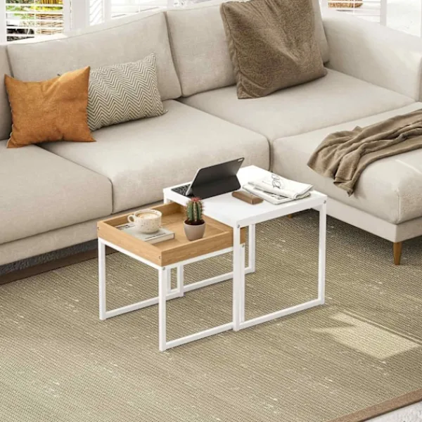 Northio Soffbord>Set med 2 soffbord, fyrkantiga sidobord, soffbord med stålstomme, soffbord i modern design, för vardagsrum, bärförmåga upp till 30 kg, vit + ek