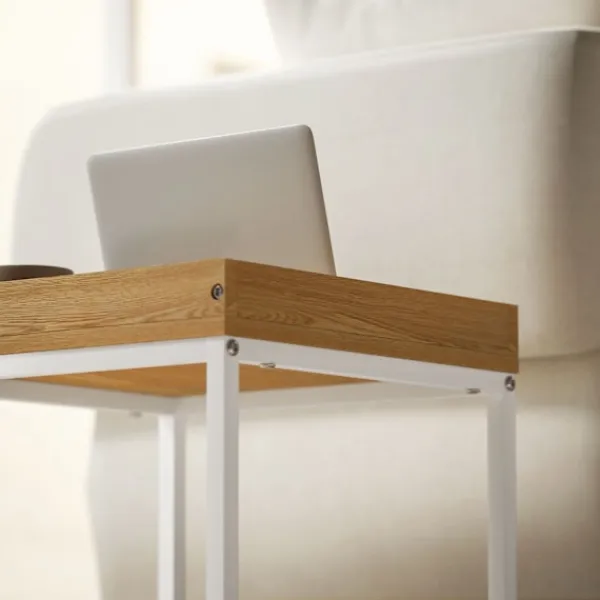 Northio Soffbord>Set med 2 soffbord, fyrkantiga sidobord, soffbord med stålstomme, soffbord i modern design, för vardagsrum, bärförmåga upp till 30 kg, vit + ek