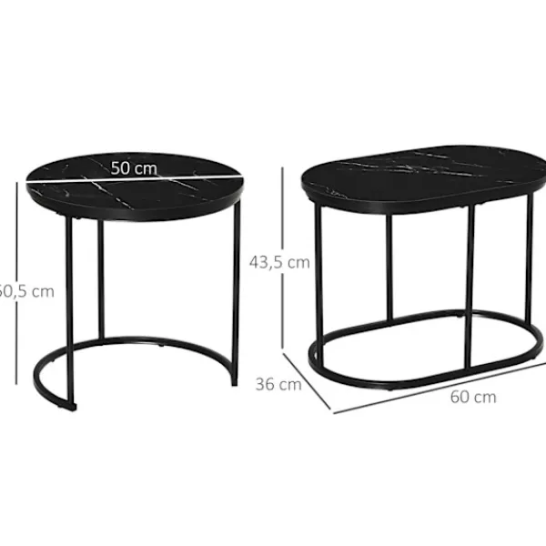 Northio Soffbord>Set Med 2 Soffbord Runt Ovalt Beställningsbord Soffbord Stapelbart Med Konstmarmorsida Upp Till 30 Kg Mdf-Stål Svart Ø50 X 50,5H Cm
