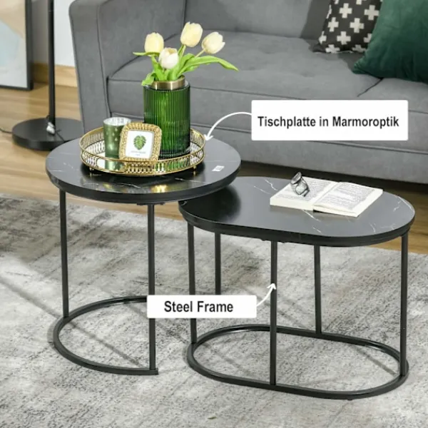 Northio Soffbord>Set Med 2 Soffbord Runt Ovalt Beställningsbord Soffbord Stapelbart Med Konstmarmorsida Upp Till 30 Kg Mdf-Stål Svart Ø50 X 50,5H Cm