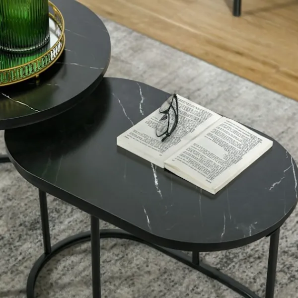 Northio Soffbord>Set Med 2 Soffbord Runt Ovalt Beställningsbord Soffbord Stapelbart Med Konstmarmorsida Upp Till 30 Kg Mdf-Stål Svart Ø50 X 50,5H Cm