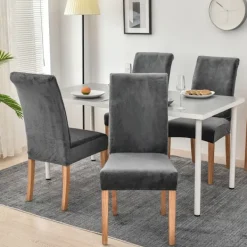 Stolar>Set med 4 Stretch Stolsöverdrag för Matstolar, Stretch Spandex med Elastiska Överdrag, Stora Sammetsöverdrag för Matstolar (Mörkgrå)