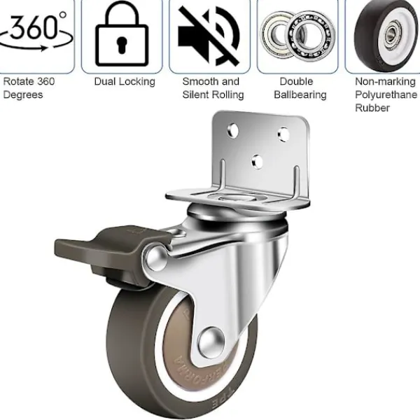 Stolar>Set med 4 svängbara hjul 50 mm, 100 kg möbelhjul, L-typ möbelhjul med broms 360 graders rotation, för inomhus- och utomhusbruk (2 hjul med broms, 2