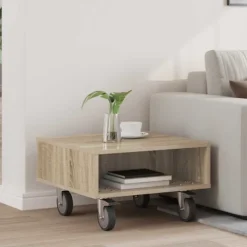vidaXL Småbord>Sido bord med hjul Sonoma-ek 50 x 50 x 30 cm Konstruerat trä