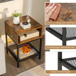 Northix Småbord>Sidobord med förvaringsfack och gallerhylla sängbord med metallram 40 x 40 x 57,5 ​​cm