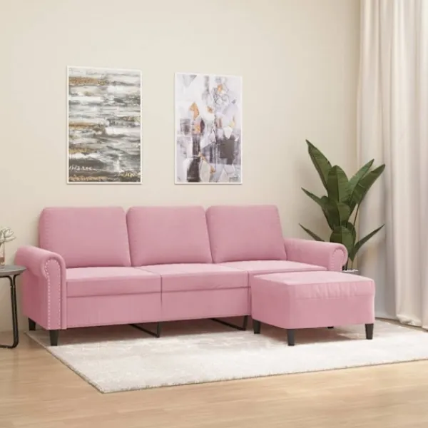 vidaXL Soffor>3-sitssoffa med fotpall rosa 180 cm sammet