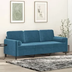 vidaXL Soffor>3-sitssoffa med prydnadskuddar blå 180 cm sammet