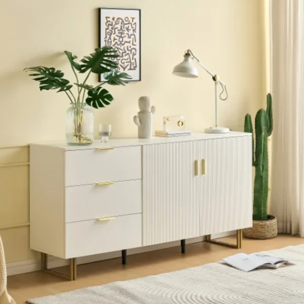 Sideboards>Skänk 160 cm med 2 dörrar & 3 lådor - MDF med guldhandtag & stålben, brun