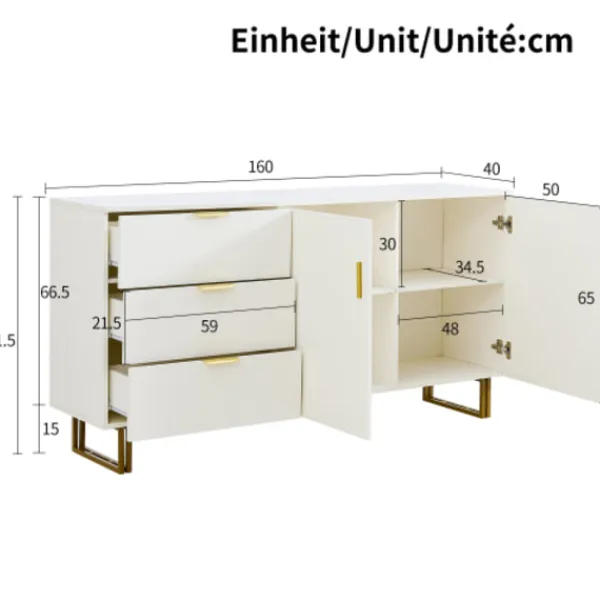 Sideboards>Skänk 160 cm med 2 dörrar & 3 lådor - MDF med guldhandtag & stålben, brun