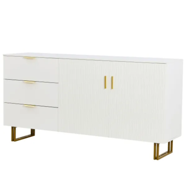Sideboards>Skänk 160 cm med 2 dörrar & 3 lådor - MDF med guldhandtag & stålben, brun