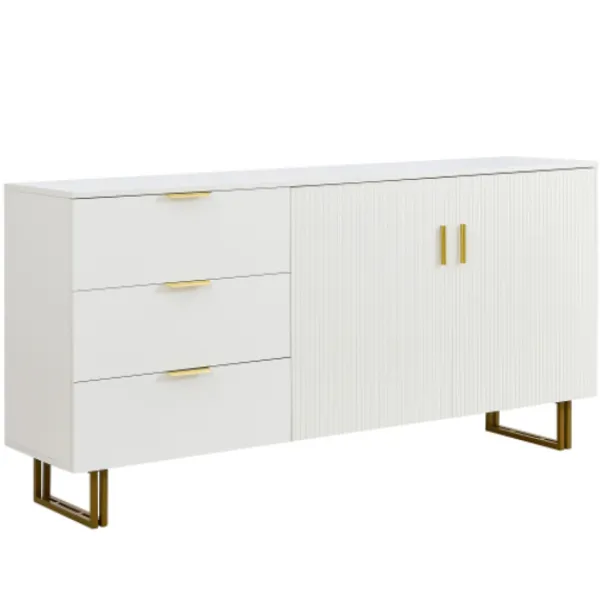 Sideboards>Skänk 160 cm med 2 dörrar & 3 lådor - MDF med guldhandtag & stålben, brun