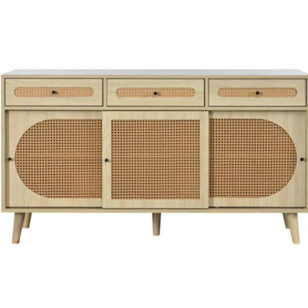 Sideboards>Skänk 140 cm tillverkad av trä med dörrar i PE-rotting, 3 skjutdörrar & 3 lådor, med justerbara hyllor