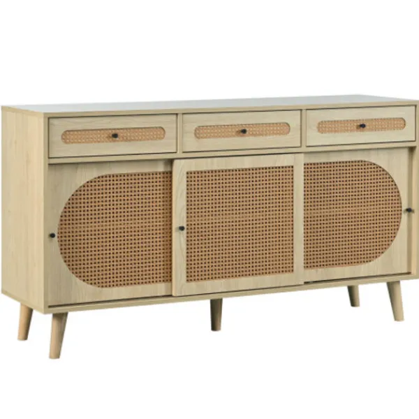 Sideboards>Skänk 140 cm tillverkad av trä med dörrar i PE-rotting, 3 skjutdörrar & 3 lådor, med justerbara hyllor