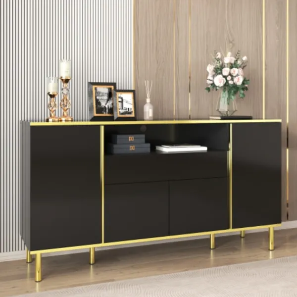 Sideboards>Skänk, blanksvart byrå med 1 låda, byrå, sovrumsbyrå, blanksvart skänk – B150/T40/H80cm