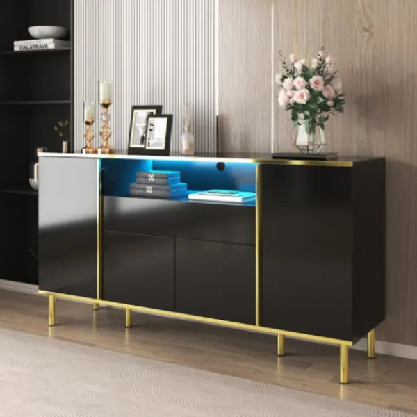 Sideboards>Skänk, blanksvart byrå med 1 låda, byrå, sovrumsbyrå, blanksvart skänk – B150/T40/H80cm