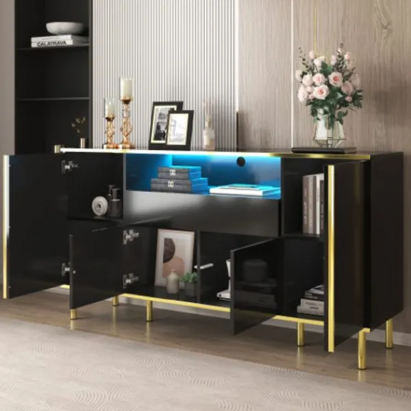 Sideboards>Skänk, blanksvart byrå med 1 låda, byrå, sovrumsbyrå, blanksvart skänk – B150/T40/H80cm