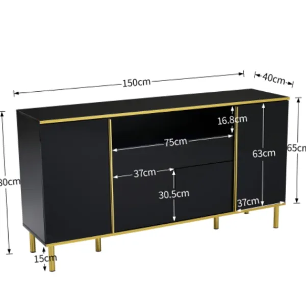 Sideboards>Skänk, blanksvart byrå med 1 låda, byrå, sovrumsbyrå, blanksvart skänk – B150/T40/H80cm