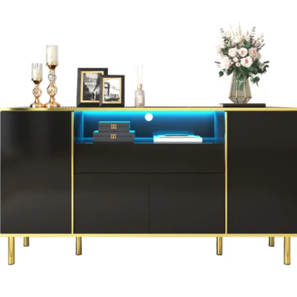 Sideboards>Skänk, blanksvart byrå med 1 låda, byrå, sovrumsbyrå, blanksvart skänk – B150/T40/H80cm