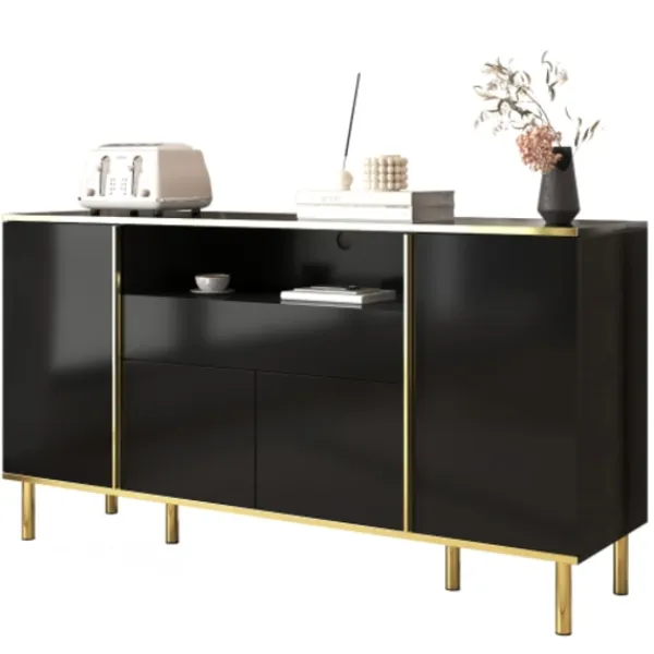 Sideboards>Skänk, blanksvart byrå med 1 låda, byrå, sovrumsbyrå, blanksvart skänk – B150/T40/H80cm