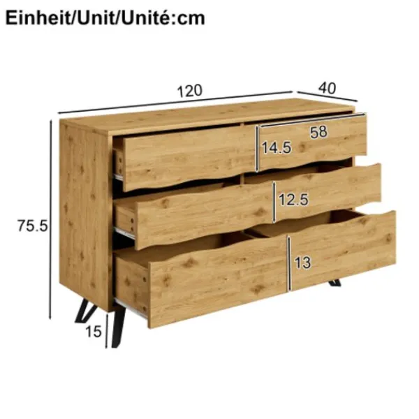 Byråer>Skänk med 6 lådor i trä och metallben – modern, gott om förvaring, 120x40x75,5cm – För vardagsrum och matsal