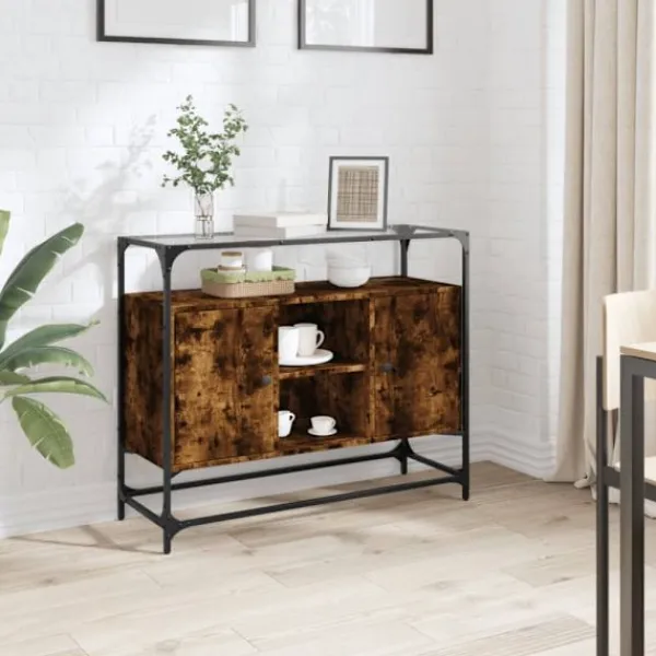 vidaXL Sideboards>Skänk med glasskiva rökfärgad ek 98x35x81 cm konstruerat trä