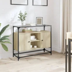 vidaXL Sideboards>Skänk med glasskiva sonoma-ek 98x35x81 cm konstruerat trä