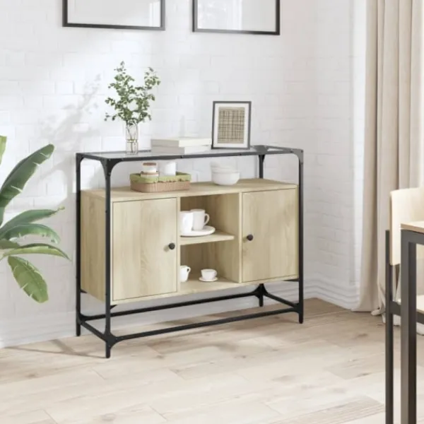 vidaXL Sideboards>Skänk med glasskiva sonoma-ek 98x35x81 cm konstruerat trä