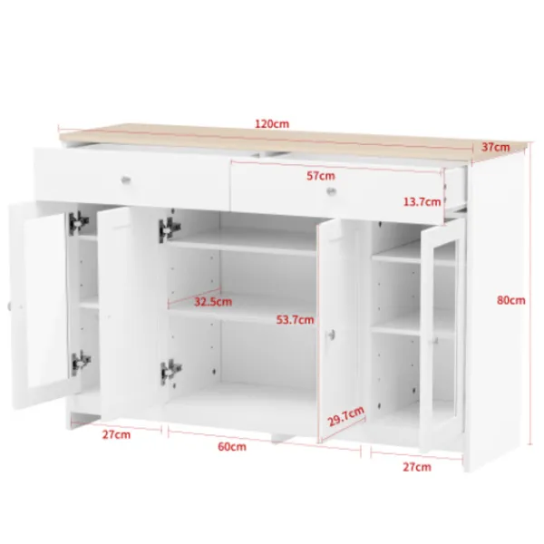 Sideboards>Skänk med vit trästruktur, fyra dörrar, två lådor, dörr med glas. Vardagsrum, matsal. Träfärg och vit