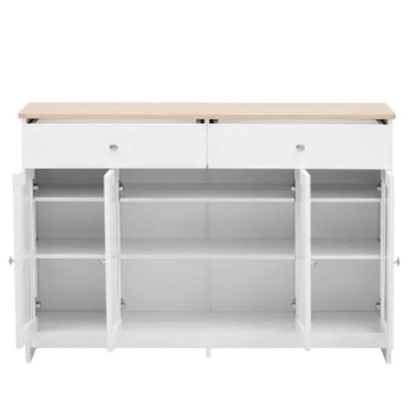 Sideboards>Skänk med vit trästruktur, fyra dörrar, två lådor, dörr med glas. Vardagsrum, matsal. Träfärg och vit