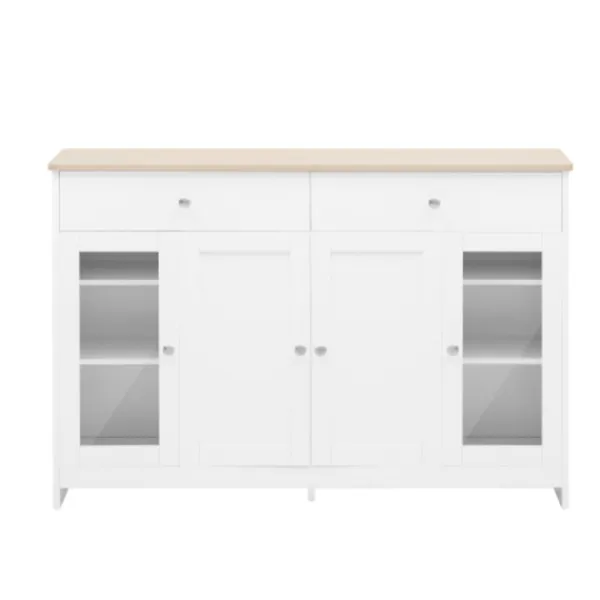 Sideboards>Skänk med vit trästruktur, fyra dörrar, två lådor, dörr med glas. Vardagsrum, matsal. Träfärg och vit
