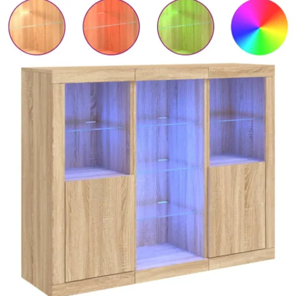 vidaXL Sideboards>Skänkar med LED-belysning 3 st sonoma-ek konstruerat trä
