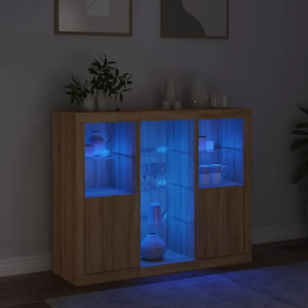 vidaXL Sideboards>Skänkar med LED-belysning 3 st sonoma-ek konstruerat trä