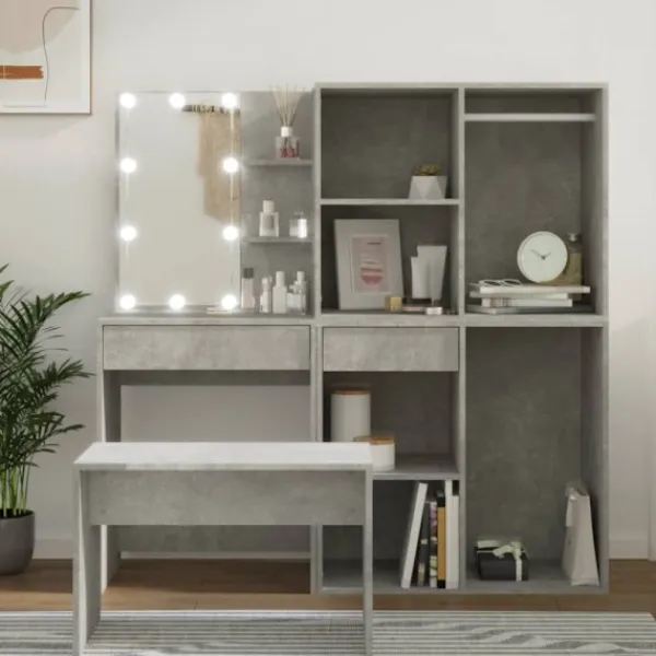 vidaXL Sminkbord>Sminkbord LED betonggrå konstruerat trä