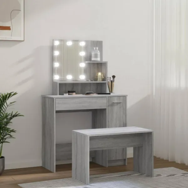 vidaXL Sminkbord>Sminkbord LED grå sonoma konstruerat trä