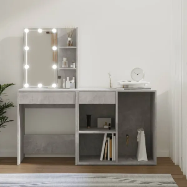 vidaXL Sminkbord>Sminkbord LED med skåp betonggrå konstruerat trä