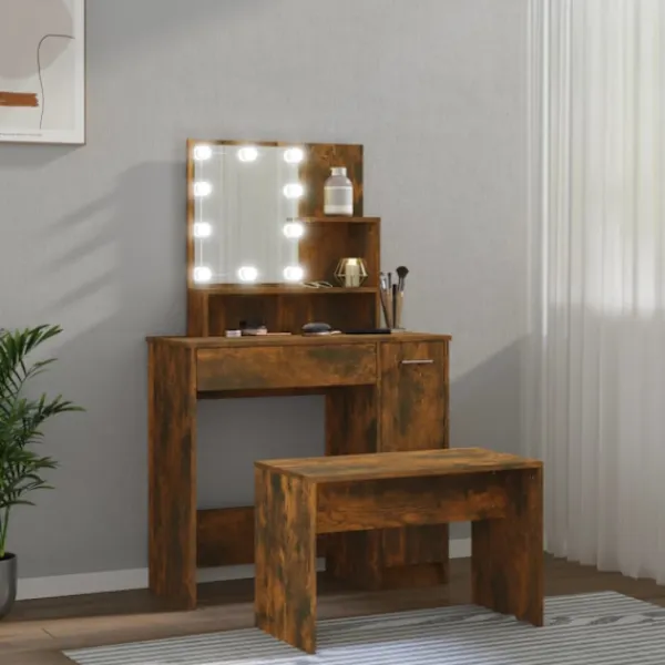 vidaXL Sminkbord>Sminkbord LED rökfärgad ek konstruerat trä