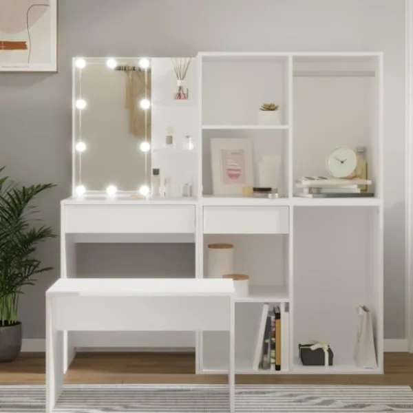 vidaXL Sminkbord>Sminkbord LED vit konstruerat trä