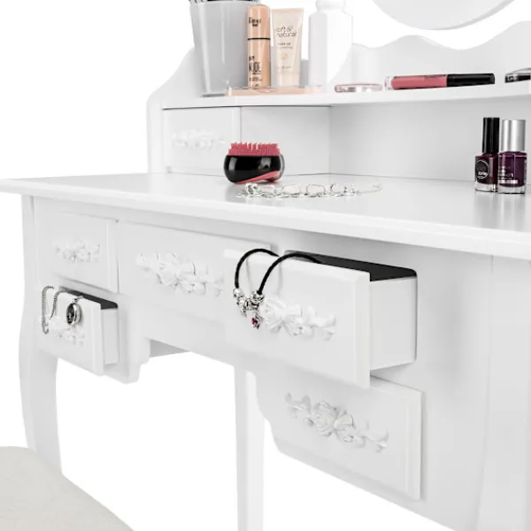 Sminkbord>Sminkbord med 7 byrålådor, med sminkspegel och pall