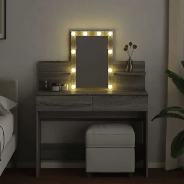 vidaXL Sminkbord>Sminkbord med LED grå sonoma 100x40x130 cm