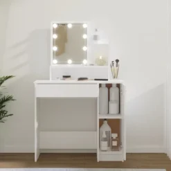 vidaXL Sminkbord>Sminkbord med LED vit 86,5x35x136 cm
